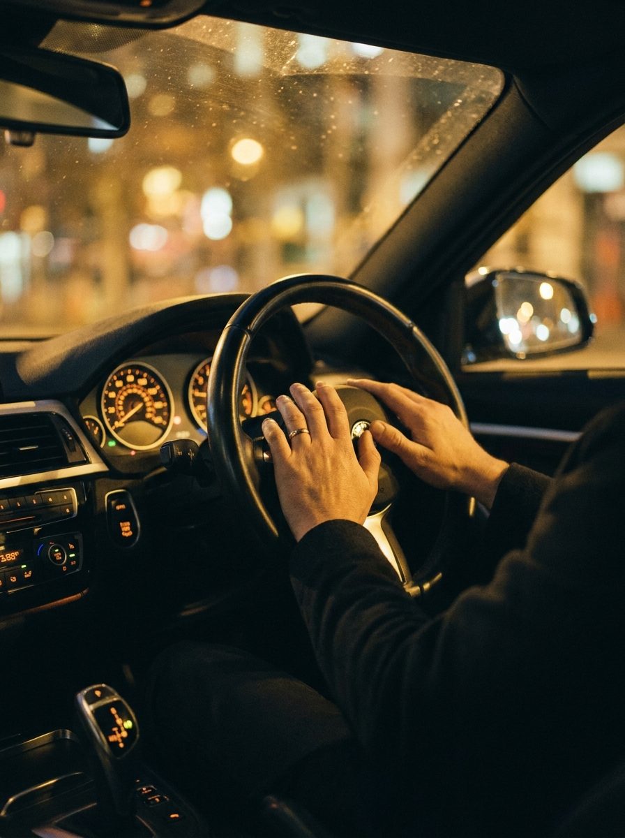 A driver's hands resting on the steering wheel at night, city lights blurred through the windscreen.